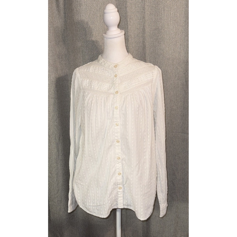 Anthropologie Pilcro Button Down Peasant Blouse Women's Size 6 White Cotton Lace